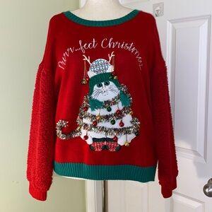 Ugly Christmas sweater in red/green with cute cat dressed as Xmas tree size 1X